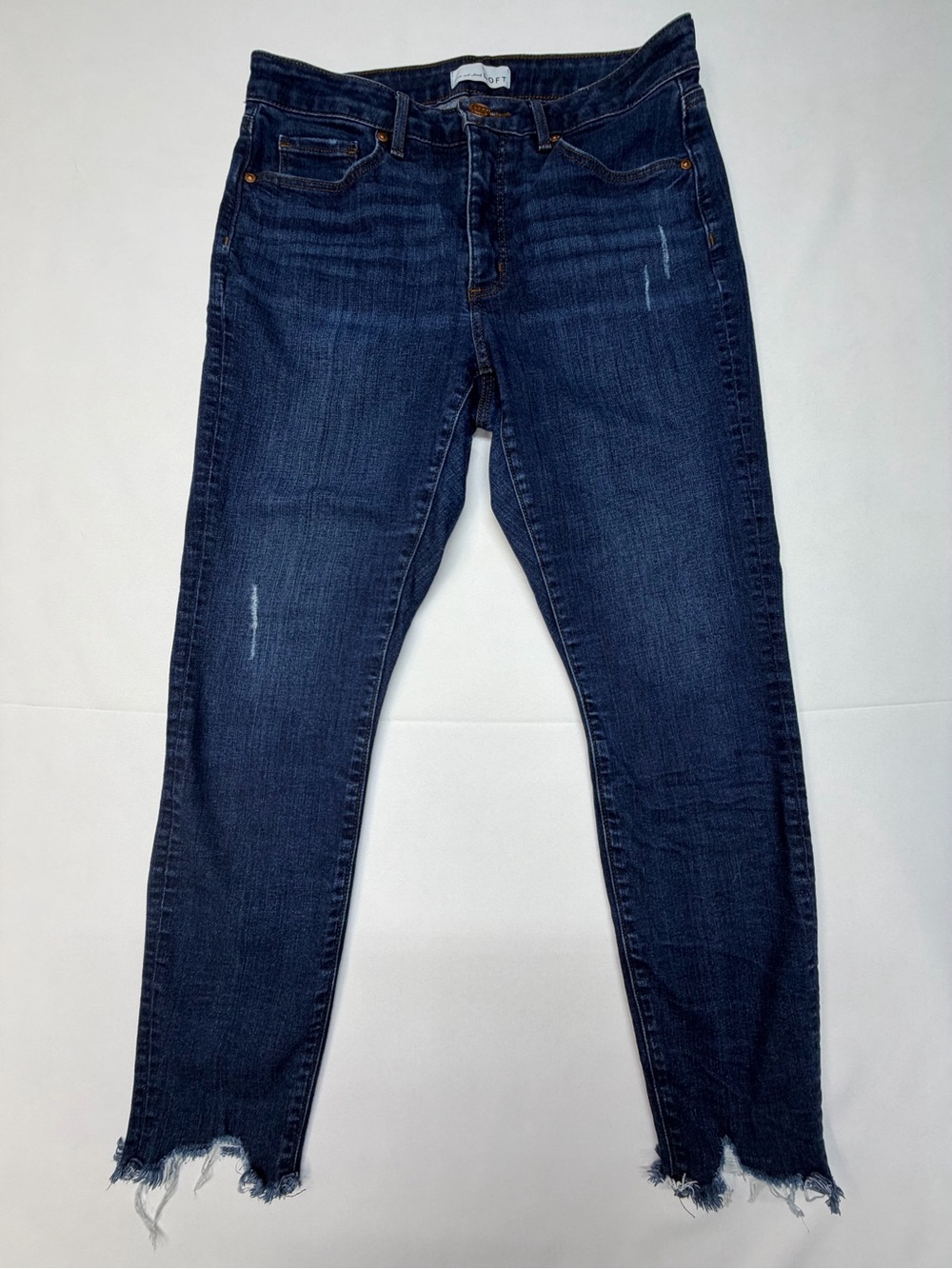 LOFT Dark Indigo Curvy Skinny Jeans with Frayed Hem Distressed Denim - Size 28/6